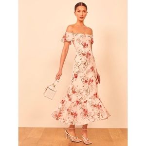 Reformation Butterfly Dress in Beauty, out of stock online. Cream base, floral.